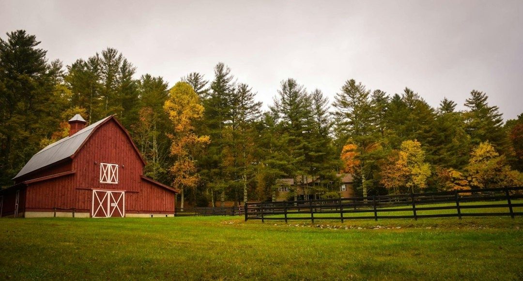 Red barn and black fenced pasture surrounded by autumn forest